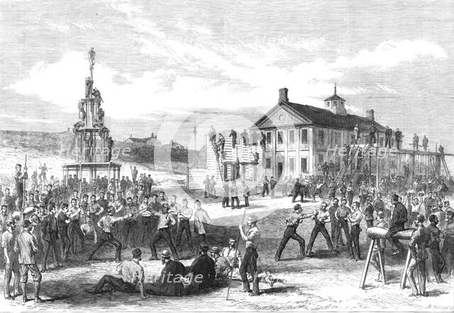 The Camp at Aldershott: the gymnasium, 1868. Creator: Mason Jackson.