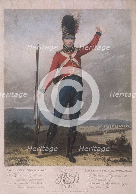 Military figure wearing the uniform of the first regiment of Loyal London Volunteers, 1797. Artist: J Green