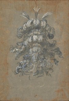 Design for a Lavish Headdress with Feathers on a Helmet (frontal view), ca. 1620-56 . Creator: Baccio del Bianco.