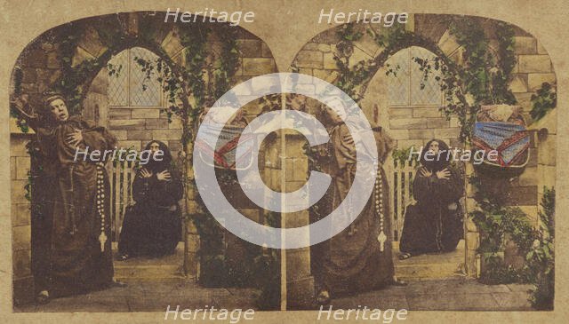 Genre scene: two monks in an archway of a church, both with dramatic faces, about 1860. Creator: London Stereoscopic & Photographic Co.