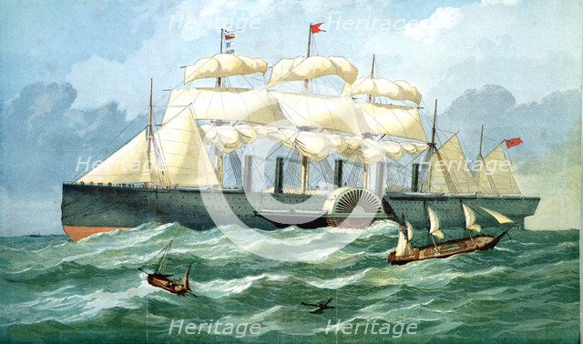 IK Brunel's steam ship 'Great Eastern' showing housing for paddle wheel, and sails, 1857. Artist: Unknown