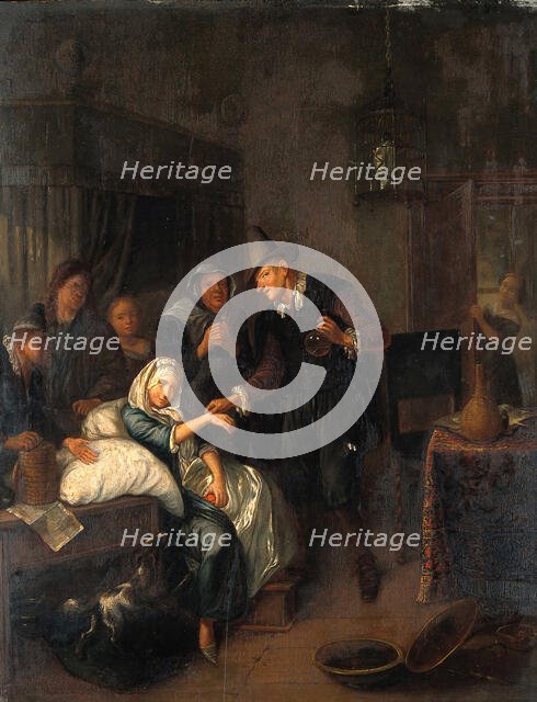 A medical practitioner taking a girl's pulse and holding a flask of her urine, with four other... Creator: Brakenburg, Richard, 1650-1702 (After).