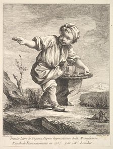 Frontispiece with litte boy holding a basket, from Premier Livre de Figures d'après les po..., 1757. Creator: Pierre Etienne Falconet.