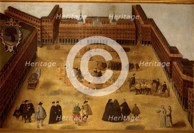  'Overview of the Plaza Mayor in Madrid', 1674, anonymous oil painting.