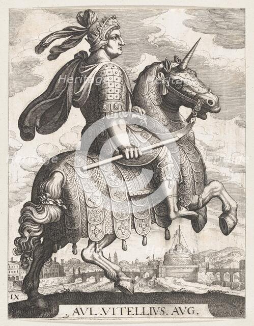 Plate 9: Emperor Vitellius on Horseback, from 'The First Twelve Roman Caesars' after Te..., 1610-50. Creator: Matthaus Merian.