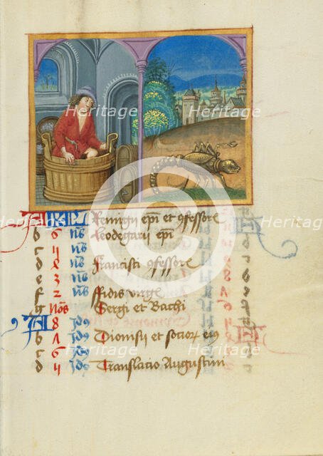 October Calendar Page; Treading Grapes; Scorpio; Book of Hours, early 16th century. Creator: Unknown.