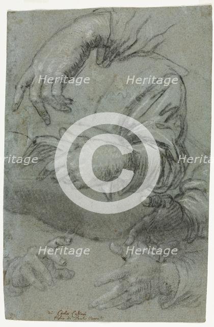 Studies of Hands (recto); Sketch of a Child's Head (verso), c. 1586. Creator: Carletto Caliari (Italian, 1570-1596).