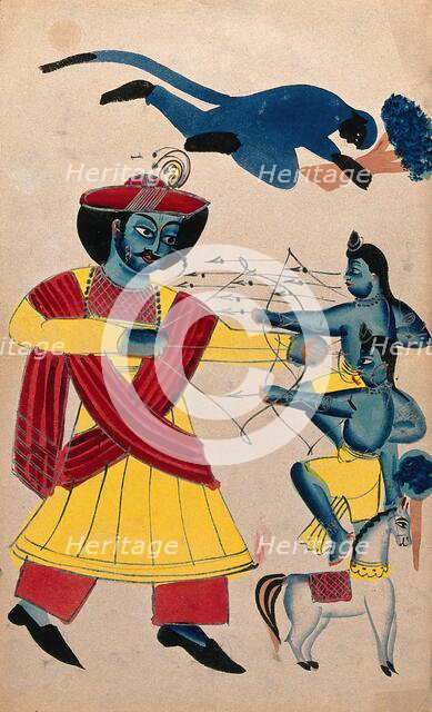 Rama fighting his sons Lava and Kusa with Hanuman helping. Creator: Unknown.