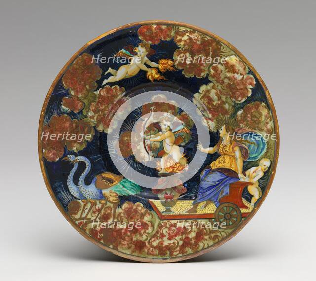 Plate with Venus in her chariot and Cupid, riding through a night sky, c. 1530/1535. Creator: Nicola da Urbino.