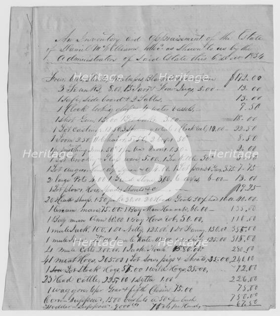 Inventory and appraisement of the estate of Daniel McWilliams, 1854-12-06. Creator: Unknown.