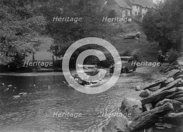 Morris Minor and officials' Riley Monaco, Mid Surrey AC Trial, Tarr Steps, Exmoor, Somerset, 1934. Artist: Bill Brunell.