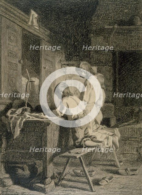 Interior with Three Boys Kneeling, c1850. Creator: Pierre Edouard Frere.