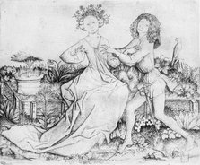 Pair of Lovers on a Grassy Bench, 15th century. Creator: Master ES.