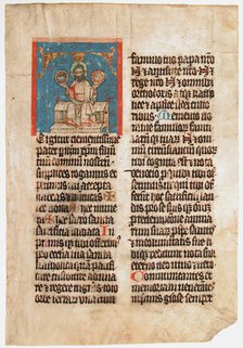 Manuscript Leaf with the Holy Trinity in an Initial T, from a Missal, ca. 1390. Creator: Unknown.