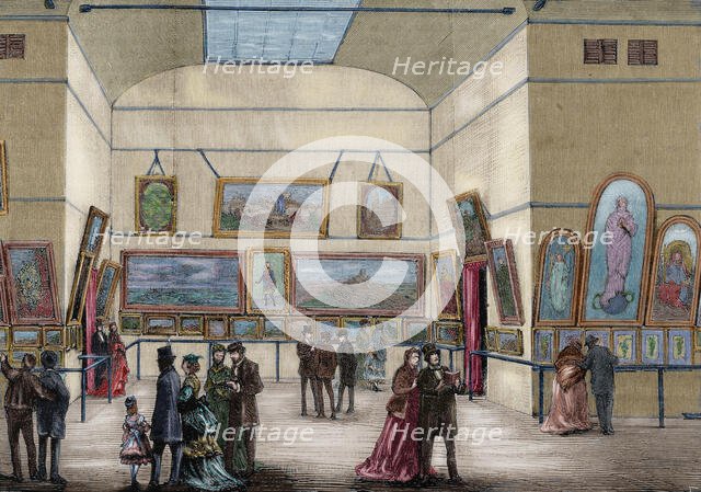People visiting an exhibition of Fine Arts, Barcelona, Spain, 1870. Creator: Capuz.