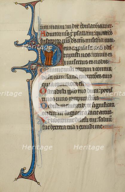Initial D: A King with Raised Arms; Bute Psalter, text and illumination about 1285. Creator: Bute Master.