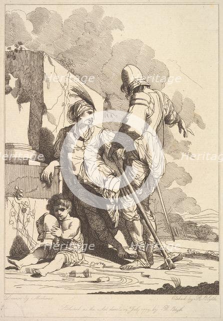 Two Soldiers and Child Holding a Helmet, July 19, 1779. Creator: Robert Blyth.
