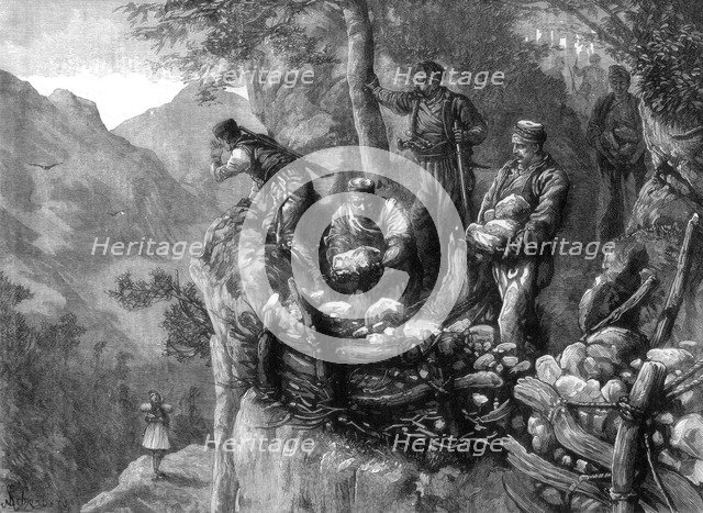Miridites and Albanians building stone batteries for mountain defences, Albania, 1880.Artist: Chomberg
