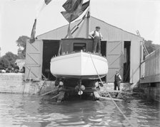 Saunders' motor launch on slipway ready for launching, 1908. Creator: Kirk & Sons of Cowes.