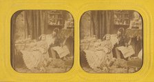 Genre scene: woman at table to feet propped on chair, man in hat next to her, dog and...1855-1860. Creator: Unknown.