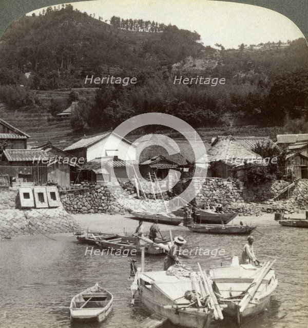 Fishing village of Obatake on the Inland Sea, looking north to the terraced rice fields, Japan, 1904Artist: Underwood & Underwood