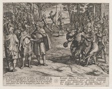 Plate 2: The Romans Taking Old Dutch Men as Hostages and Seducing Young Ones, from The War..., 1611. Creator: Antonio Tempesta.
