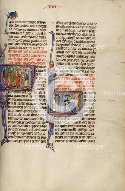 Initial C: A Wounded Man Lying under a Tree and a Man with a Sword Speaking..., about 1290-1310. Creator: Unknown.
