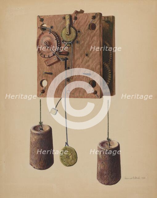 Mechanism of Eli Terry Clock, 1940. Creator: Herman O. Stroh.