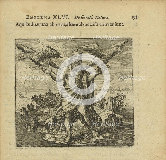 Emblem 46. Two eagles, one from the east, the other from the west, come together, 1816. Creator: Merian, Matthäus, the Elder (1593-1650).
