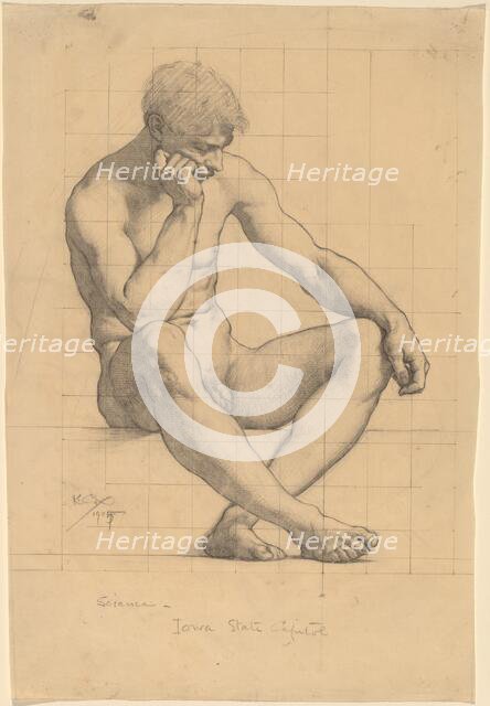 Seated Male Nude: Study for "Science" - Iowa State Capitol, 1905. Creator: Kenyon Cox.