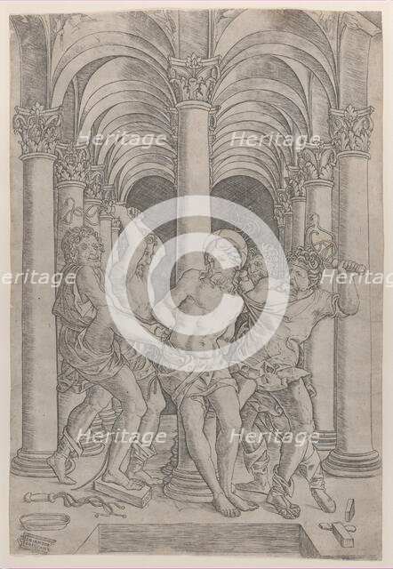 The Flagellation of Christ who is tied to a column at center set within an arcade, 1509., 1509. Creator: Giovanni Antonio da Brescia.