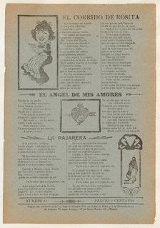 Broadsheet featuring three love ballads with vignettes showing a woman reading..., 1918 (published). Creator: José Guadalupe Posada.