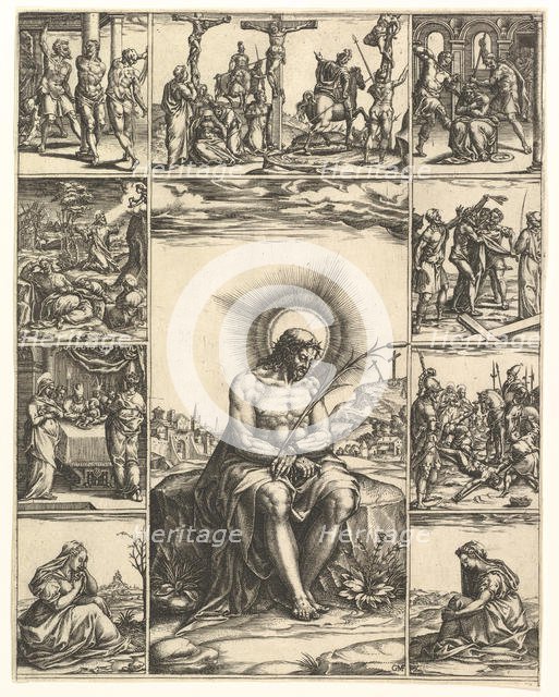 The Man of Sorrows; an image of Christ surrounded by nine vignettes depicting scenes of..., by 1575. Creator: Giorgio Ghisi.