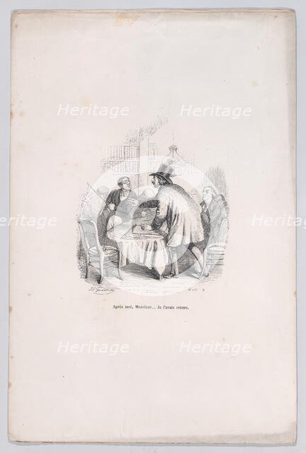 Wait your turn, Monsieur... I had that first. from the Little Miseries of Human Life, 1843. Creator: Brugnot.