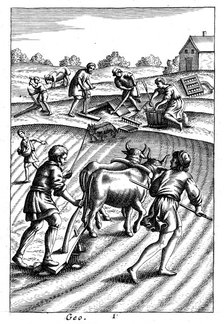 Ploughing with oxen, sowing seed broadcast and harrowing, 18th century. Artist: Unknown