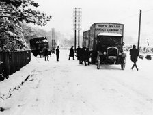 A Hay's Wharf Cartage Company Ltd van along a snowy A30, near Basingstoke, Hampshire, 1920s. Artist: Unknown