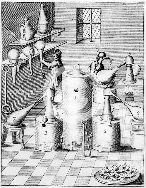 Laboratory for refining gold and silver, showing typical laboratory equipment, 1683. Artist: Unknown