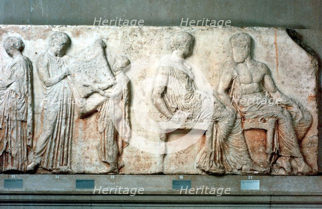 The sacred robe of Athena held up by cult officials, and Athena and Hephaistos, 438 BC. Artist: Unknown