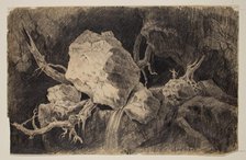 Hunter Standing in Cave near Rock and Waterfall, c1828. Creator: Thomas Cole.