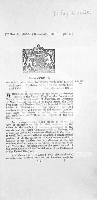 Act concerning royal succession, 1931. Artist: Unknown