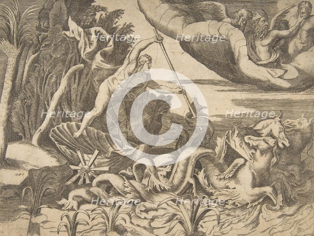 Neptune in his Chariot being drawn by seahorses, from the 'Division of the Universe', 1..., 1531-76. Creator: Giulio Bonasone.