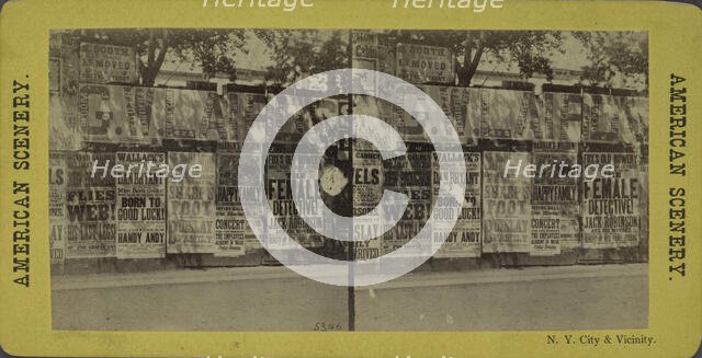 N.Y. City and vicinity. [Posters advertising theaters, businesses on unidentified wall],  1866?. Creator: Unknown.