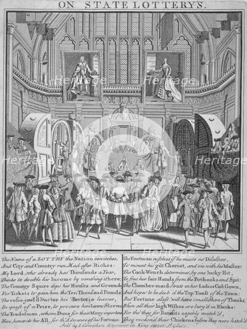 Drawing of the state lottery in the Guildhall, City of London, 1739. Artist: Anon