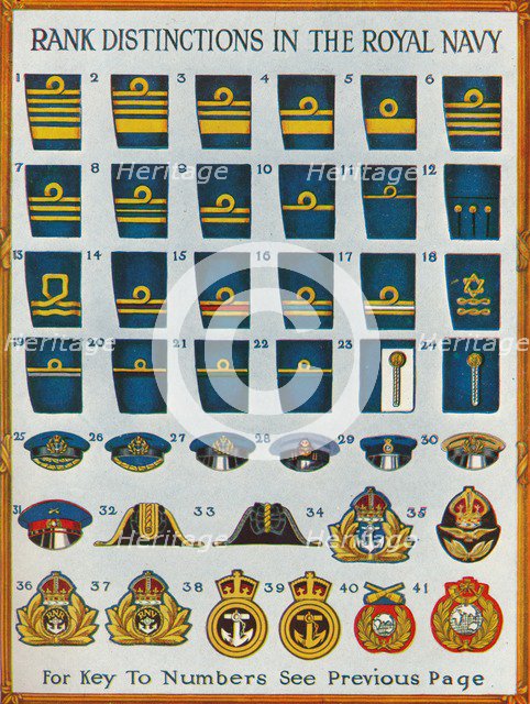 Rank distinctions in the Royal Navy, c1919 (1919). Artist: Unknown.