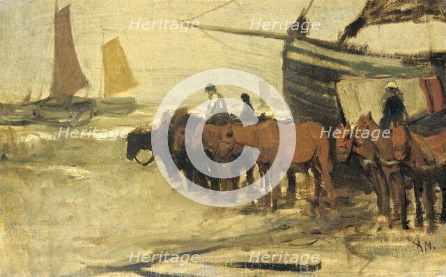 Draught horses pulling a fishing boat into the sea, 1870-1888. Creator: Anton Mauve.