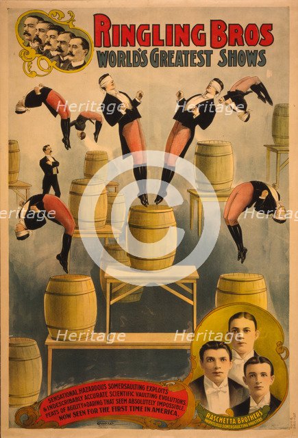 Ringling Bros, world's greatest shows Raschetta brothers, marvelous somersaulting vaulters, c. 1900. Artist: Courier Company Lith.  