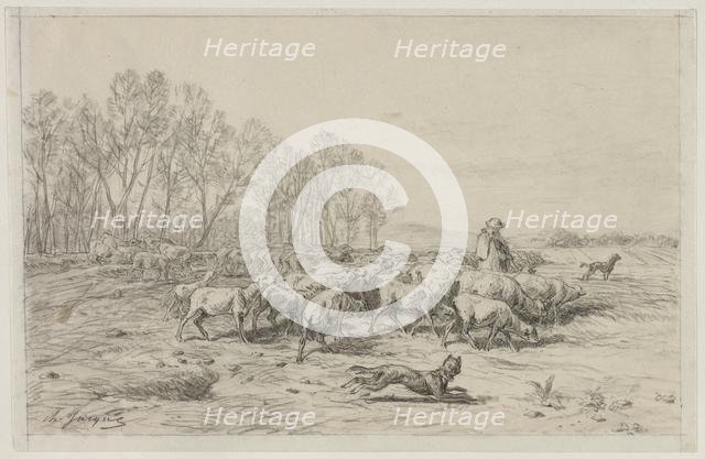 Landscape with a Flock of Sheep, 1800s. Creator: Charles-Émile Jacque (French, 1813-1894).
