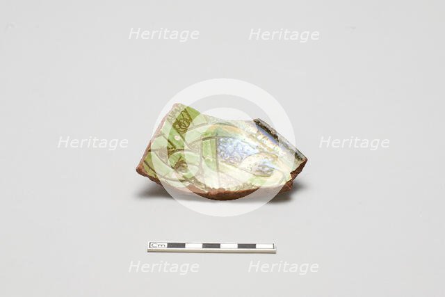 sherd, red body, white slip, green glaze, Mamluk period, 1250-1516. Creator: Unknown.