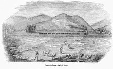 Bridge on Besos River in the railway line Barcelona to Mataró, seen from the beach, engraving, 1849.