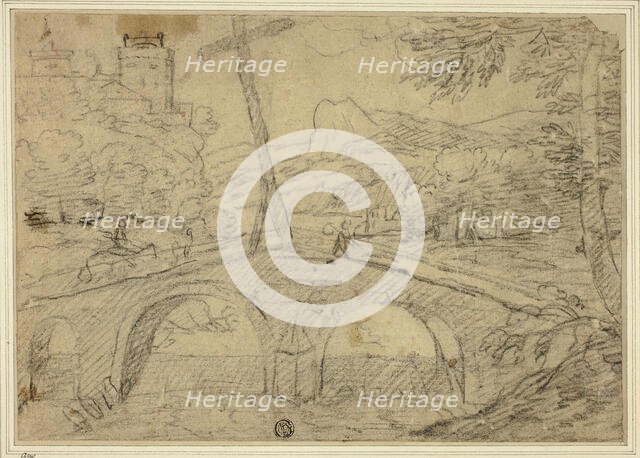 Landscape with Bridge (with Cross) over Gorge, with Mountains and Castle in Distance, n.d. Creator: Unknown.